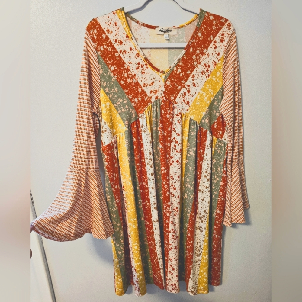 Haptics Fall Stripes Floral Bell Sleeve Dress Size Small